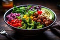 Vibrant Nutritious Buddha Bowl, Meticulously Plated Vegetarian Dish, Fresh and Cooked Ingredients