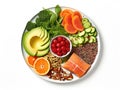 Vibrant, nutritious meal plate with salmon, avocado, and fresh veggies,