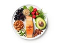 Vibrant, nutritious meal plate with salmon, avocado, and fresh veggies,
