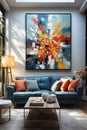 Vibrant Oasis: A Colorful Living Room with Turquoise and Orange Royalty Free Stock Photo