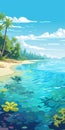 Vibrant Ocean Landscape Illustration With Palm Trees