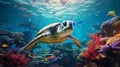 Vibrant Ocean: Photorealistic Turtle Swimming In Colorful Waters