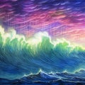 Vibrant Ocean Scene With Colorful Waves Breaking Through The Clouds