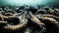 Vibrant octopus with intricate patterns and textures rests among vast array of tentacles on ocean floor, showcasing beauty of Royalty Free Stock Photo