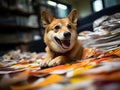 Shiba Inu dog working in vibrant office