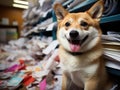 Shiba Inu dog working in vibrant office