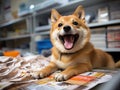 Shiba Inu dog working in vibrant office