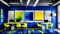 Vibrant Office Haven: Energizing Cobalt Blue, Sunshine Yellow, and Lime Green Workspace