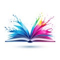 Vibrant open book with colorful ink splashes spreading out from pages isolated on white background Royalty Free Stock Photo