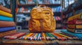 A vibrant orange backpack rests on a wooden table beside art supplies Royalty Free Stock Photo