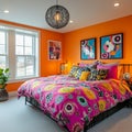 Vibrant Orange Bedroom with Colorful Bedding and Eclectic Artwork A Boho Chic Interior Royalty Free Stock Photo