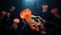 Vibrant orange bell jellyfish gracefully glowing in the mesmerizing depths of the deep blue ocean Royalty Free Stock Photo