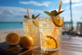 Vibrant orange beverage lounging beachside, beautiful summer photo