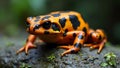 Vibrant orange and black harlequin toad on rocky surface with striking pattern and rugged texture Royalty Free Stock Photo