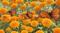 Vibrant orange and black monarch butterflies on a bed of golden marigolds