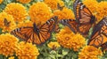 Vibrant orange and black monarch butterflies on a bed of golden marigolds