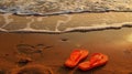 Vibrant orange flip-flops rest on sun-kissed sands, Ai Generated Royalty Free Stock Photo