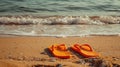 Vibrant orange flip-flops rest on sun-kissed sands, Ai Generated Royalty Free Stock Photo