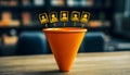 orange funnel with illustrated human profile icons above representing a conceptual recruitment or sales lead filtering process in Royalty Free Stock Photo
