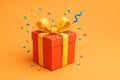 Vibrant orange gift box with a yellow ribbon is exploding with colorful confetti on an orange background, creating a festive and Royalty Free Stock Photo