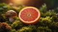 A Slice of Citrus Harmony: Grapefruit and Mushroom in a Mossy Forest Glade Royalty Free Stock Photo