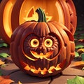 A vibrant orange halloween pumpkin with intricate carvings and glowing eyes. generative Ai