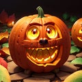 A vibrant orange halloween pumpkin with intricate carvings and glowing eyes. generative Ai