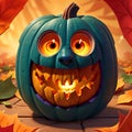 A vibrant orange halloween pumpkin with intricate carvings and glowing eyes. generative Ai