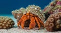 Vibrant Orange Hermit Crab with Barnacle Shell on Sandy Seabed Royalty Free Stock Photo