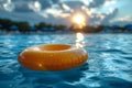Summer Vacation at the Pool: Orange Inflatable Ring Float at Sunset Perfect for Posters, Cards, and Designs, Generative Royalty Free Stock Photo