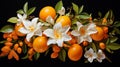 A vibrant orange, its citrusy zest accentuated by delicate orange blossoms and leaves Royalty Free Stock Photo