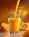Refreshing orange juice pouring into a clear glass with a dynamic splash, surrounded by fresh citrus, vibrant beverage concept. Royalty Free Stock Photo