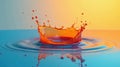 Vibrant orange liquid droplet impacting a tranquil blue surface, creating a captivating crown-shaped splash and concentric ripples Royalty Free Stock Photo