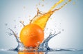 Vibrant orange makes dynamic splash in clear water. Frozen motion of droplets creates refreshing scene against light background. Royalty Free Stock Photo