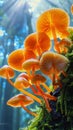 Vibrant orange mushrooms on a mossy tree trunk under sunlight