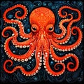 Vibrant orange octopus with blue and black circular patterns, AI-generated.