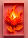 Vibrant Orange Paper Art Flame Sculpture in Minimalist Pink Box for Modern Wall Decor and Creative Design