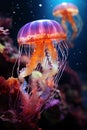 Vibrant orange and purple jellyfish swimming gracefully in the ocean, AI-generated. Royalty Free Stock Photo