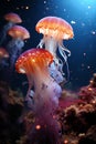 Vibrant orange and purple jellyfish swimming gracefully in the ocean, AI-generated. Royalty Free Stock Photo