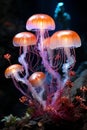 Vibrant orange and purple jellyfish swimming gracefully in the ocean, AI-generated. Royalty Free Stock Photo