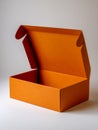 A vibrant orange rectangular cardboard box with an open lid displayed on a clean white surface showing empty interior space for Royalty Free Stock Photo