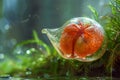 Vibrant Orange Snail Shell in a Mystical Dew Kissed Forest Setting with Lush Greenery