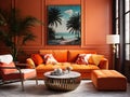 Vibrant orange sofa and copper ottomans. Art deco style interior design of modern living room Royalty Free Stock Photo