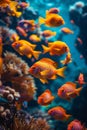 Vibrant orange tropical fish exploring the dynamic underwater world of a coral reef bathed in sunlight. Royalty Free Stock Photo