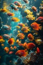 Vibrant orange tropical fish exploring the dynamic underwater world of a coral reef bathed in sunlight. Royalty Free Stock Photo