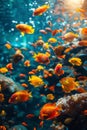 Vibrant orange tropical fish exploring the dynamic underwater world of a coral reef bathed in sunlight. Royalty Free Stock Photo