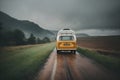 A vibrant orange and white camper van driving down a picturesque dirt road in the countryside