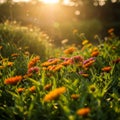 Vibrant Orange Yellow Flowers in Sunset Garden Royalty Free Stock Photo
