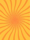 Vibrant orange and yellow pop art background featuring a radial dotted halftone pattern and swirling lines, creating a