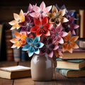 Vibrant origami flowers in a vase
